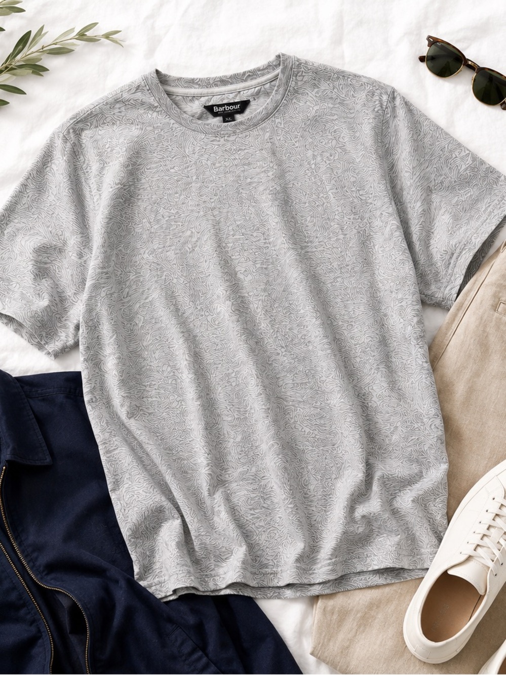 Barbour Gray Topographic Print T-Shirt XXL 100% Cotton Crew Neck Casual Tee
